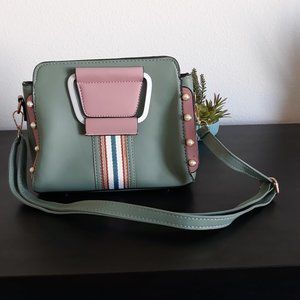 Faux Pearl & Pom-Pom Decor Stripped Panel Satchel Green and Pink Bag